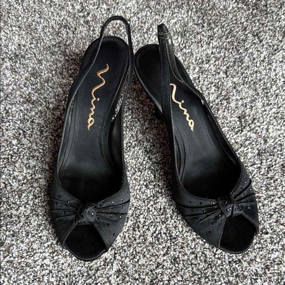 Nina Black Peep-Toe Slingback Heels
